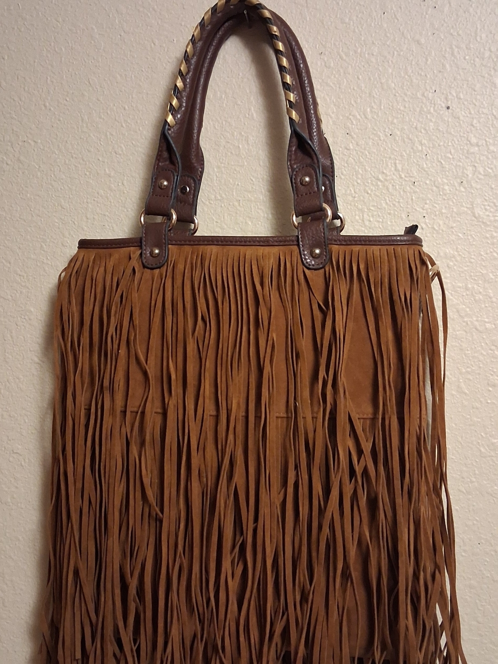 Fringe Tote Handbag in Brown Suede Leather  260809